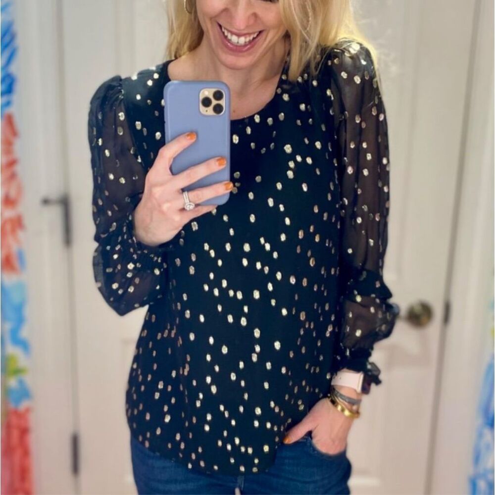 Lilly Pulitzer Idina Silk Black Gold Dot Sheer Blouse Women’s Medium